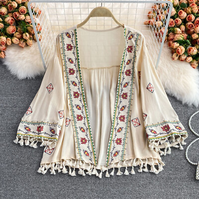 #ad Ladies Retro Tasseled Top Boho Ethnic Embroidered Shirt Blouse Kimono Loose Chic GBP 16.49