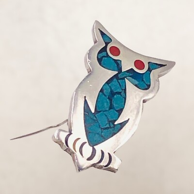 #ad Vintage Turquoise Inlay Coral Owl Pendant Brooch Pin Mexican 925 Sterling Silver $173.35