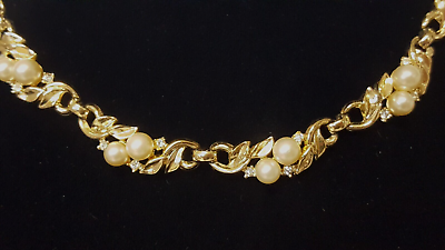 #ad Crown Trifari Faux Pearl Rhinestone Necklace Vintage Gold Tone Collar Choker $89.00