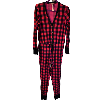 #ad Victoria#x27;s Secret Thermal One Piece Pajama Size M NEW Hot Pink Black Plaid $34.99