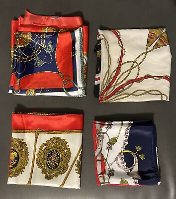 #ad Lot Of 4 Vintage Equestrian Themed Scarves Square 28 35” Silk Poly Berkshire $9.95
