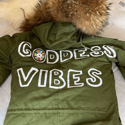 #ad Parka Jacket Removable Fur lined Hooded good Vibes patchwork olive green coat $89.60
