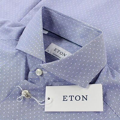 #ad Eton NWT Dress Shirt Size 40 15.75 Contemporary Blue White Stripes w Geo Pattern $179.99
