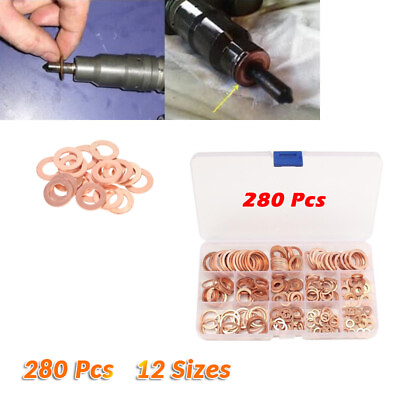 #ad 280PCS Box 12 Sizes Solid Copper Crush Washers Assorted Seal Flat Ring Hardware $23.39