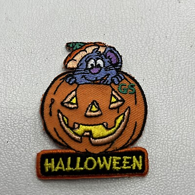 #ad Jack O Lantern HALLOWEEN Patch Mouse Crawling Out Of Pumpkin M012 $3.95