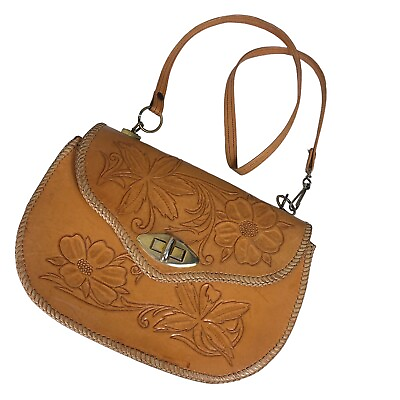 #ad Vintage Leather Purse Hand Tooled Western Handbag Brown Floral 11.5x8 3quot; Depth $49.98