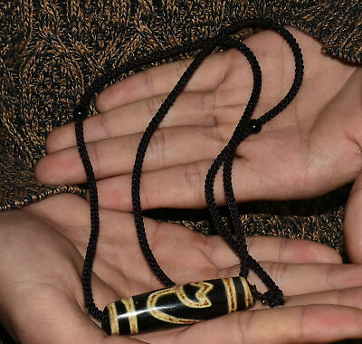#ad 34CM Old Tibet Agate Onyx Carving Dzi Bead Necklace Exorcism Amulet Pendant $40.00