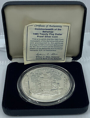 #ad 1985 The BAHAMAS Queen Elizabeth II SAN SALVADOR Proof Silver $25 Coin i114725 $1123.65