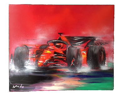 #ad #ad Victor SPAHN French Contemporary Formula 1 Race Ferrari Rain Original Oil Canvas $6700.00