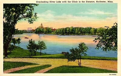 #ad Postcard overlooking Silver Lake with clinic in distance Rochester Minnesota $5.09