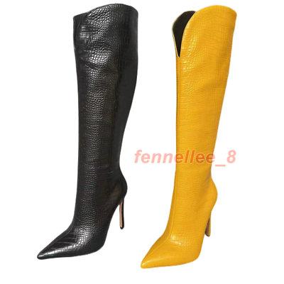 #ad High Heels Leather Knee High Boot Pumps Stilettos Shoes Zip Up Pointy Toe Womens $73.73