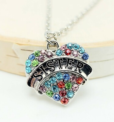 #ad Heart Shaped Pendant Necklace SISTERS Bright Rhinestones $7.99