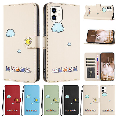 #ad For iPhone 15 Pro Max 14 13 12 11 8 7 Cute Pattern Strap Card Wallet Stand Case $10.99