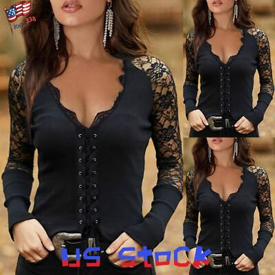 #ad Womens Sexy Gothic V Neck T Shirt Ladies Casual Lace Long Sleeve Blouse Tops $17.85