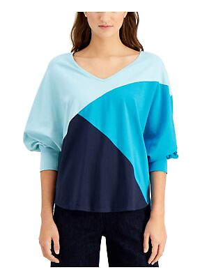 #ad WILLOW DRIVE Womens Blue Color Block Dolman Sleeve V Neck Top M $5.09