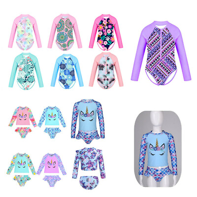 #ad Kid Girl One piece Long Sleeves Swimsuits Palm Printed Zippered Bathing Suits $13.02