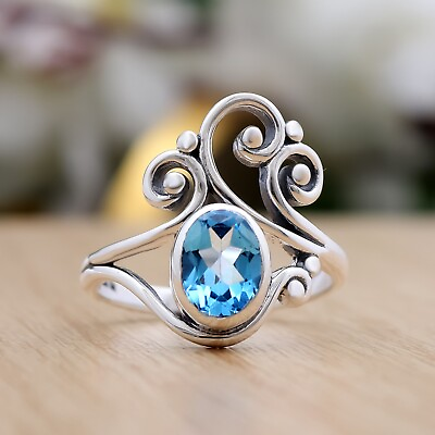 #ad Swiss Blue Topaz Sterling Silver Women Ring Mothers Day Jewelry S 8 $46.99