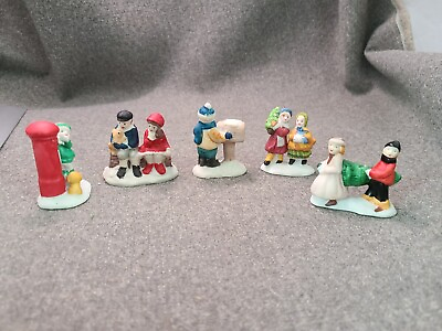 #ad FIVE Ceramic Christmas Village Accessories Mailbox kids carrying Trees Couple $12.00