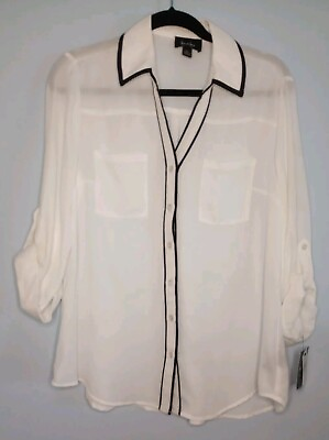 #ad Women#x27;s Top Off White with Black Trim Collared Button Up By amp; By Brand Size XL $16.99