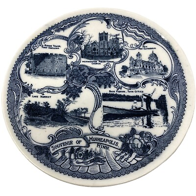 #ad Vintage Souvenir Plate Minneapolis Minnesota Blue White England 8 Inch Across $50.00