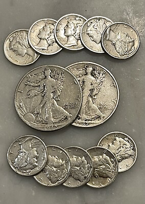 #ad $2 Face 90% Silver 2 Walking Liberty Half Dollar 10 Mercury Dime Choose # Lots $56.95