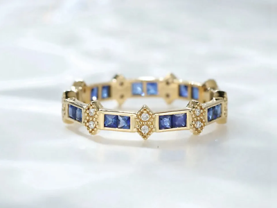 #ad 1.50 Ct Princess Sapphire amp; Real Moissanite Band Ring 14K Yellow Gold Plated $96.72