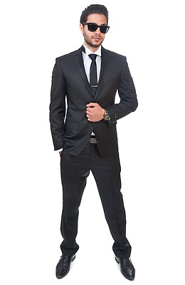 #ad Slim Fit 2 Button Notch Lapel Satin Collar Trim Black Fashion Suit By AZAR MAN $59.99