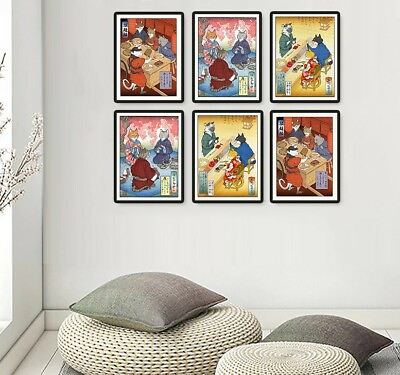 #ad Ukiyo e Japan Japanese Funny Samurai Cats Wall Art Decor Set of 6 Print 8.5x11 $17.00