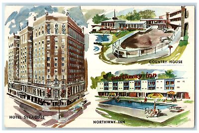 #ad 1968 Three Finest In New York State Hotels Multiview Syracuse New York Postcard $29.95
