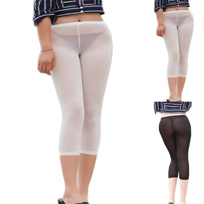 #ad Women Leggings Cropped Pants Daily See Through Solid Tight Transparent Trousers $9.49