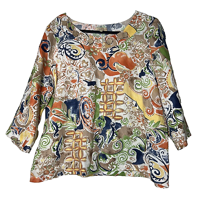 #ad Choices Shirts Tops Women XL 100% Linen Floral Multi Color Button Accents Boho $19.99