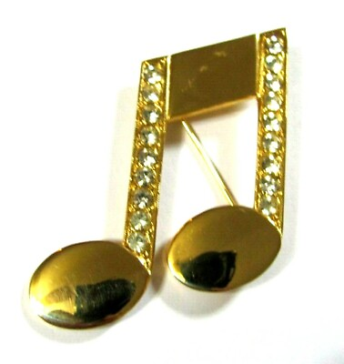 #ad Vintage JJ Jonette Gold Tone amp; Rhinestone Musical Notes Brooch Pin $11.04