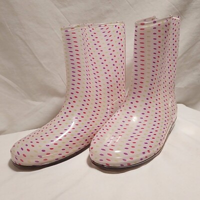#ad Rain Boots white w purple red green polka dots $12.00