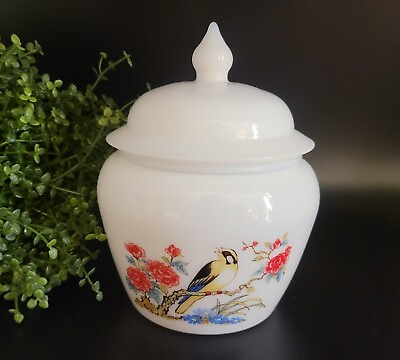 #ad Avon Dynasty 1971 Milk Glass Ginger Jar Oriole and Flower Design Lidded Bird $25.00