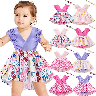 #ad Toddler Kids Baby Girls Romper Dress Sleeveless Print Princess Dress Outfits Set $12.12