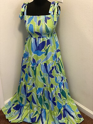 #ad Lime Green Printed Maxi Dress Smocked Flowy Sleeveless Tie Straps Size S M $35.00