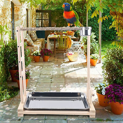 #ad Wooden Bird Stand Rack Large Parrot Perch Playstand with Steel Tray 2*Food Cup $42.75