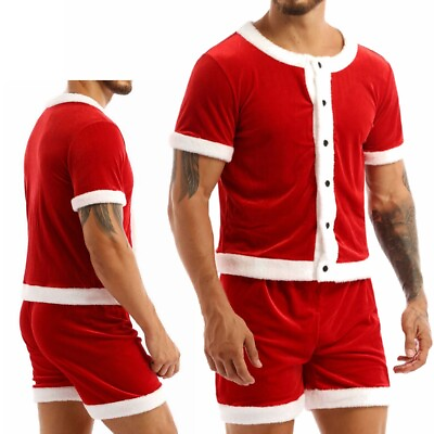 #ad Mens Xmas Santa Suit Christmas Costume Fancy Dress Shirt Shorts Cosplay Outfits $25.18