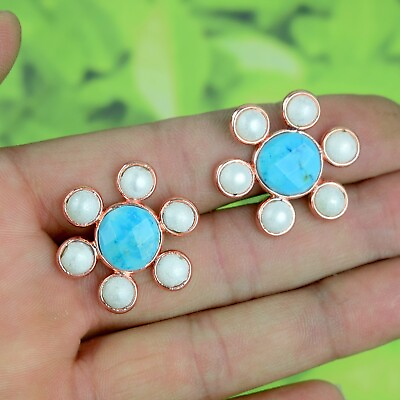 #ad Flower Design Natural Pearl And Turquoise Gemstone Rose Gold Plated Stud Earring $14.80