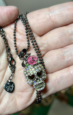 #ad Betsey Johnson Skull Necklace Pink Pave Flower Skull W Bow Gunmetal Goth $19.98