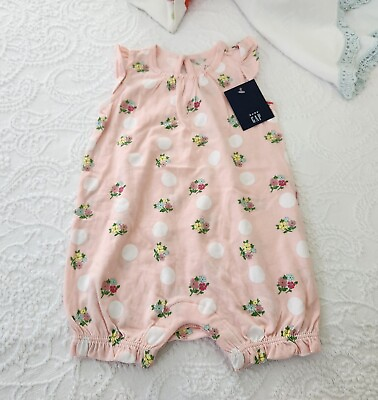 #ad NWT BABY GAP 3 6 MONTH PINK FLORAL POLKA DOT FLUTTER SLEEVE ROMPER BUBBLE $12.99