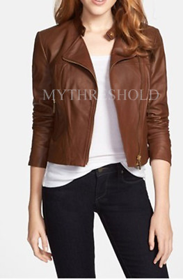 #ad New Ladies Women Genuine Lambskin Leather Motorcycle Designer Biker Brown Jacket AU $177.99