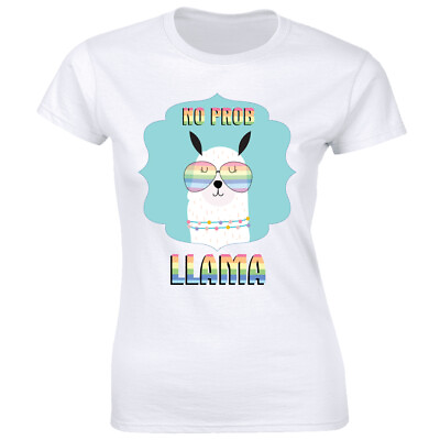 #ad No Prob Llama with Rainbow Sunglasses Crew Neck T Shirt for Women Cute Funny Tee $13.49