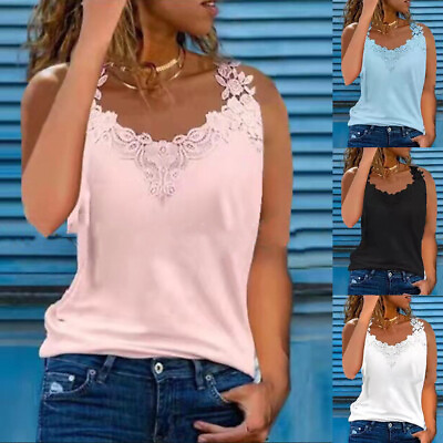 #ad Womens Lace V Neck Tank Tops Vest Ladies Sleeveless Casual Loose Cami T Shirt US $16.14