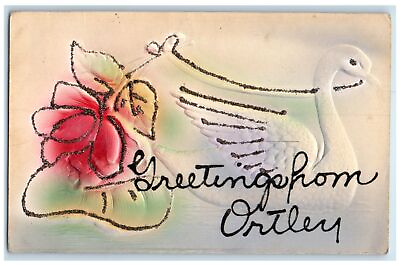 #ad c1910#x27;s Greetings From Ortley South Dakota SD Embossed Swan And Flowers Postcard $29.95