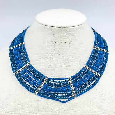 #ad MixIt Necklace Blue Beaded Collar Bib Silver Tone Costume Jewelry $8.46
