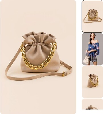#ad Francesca#x27;s Portland Soft Chain Bucket Bag Handbag Purse Tan With Gold Chain $19.99