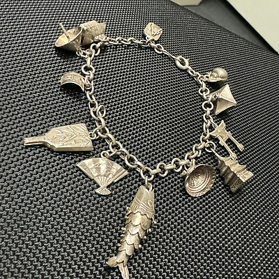 #ad Vintage Japanese Sterling Silver Charm Bracelet w 12 Charms 15 grams $81.91