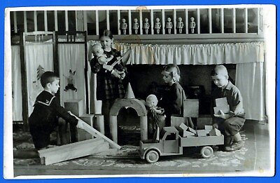 #ad Children Beautiful Girls Boys playing with Toys in Kindergarten Vintage Photo $7.50