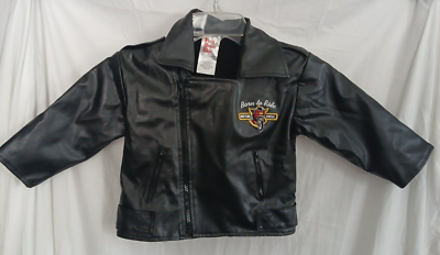 #ad Park Bench Kids Black Faux Leather Bomber Jacket Born To Ride” Embroidered 2T $14.95